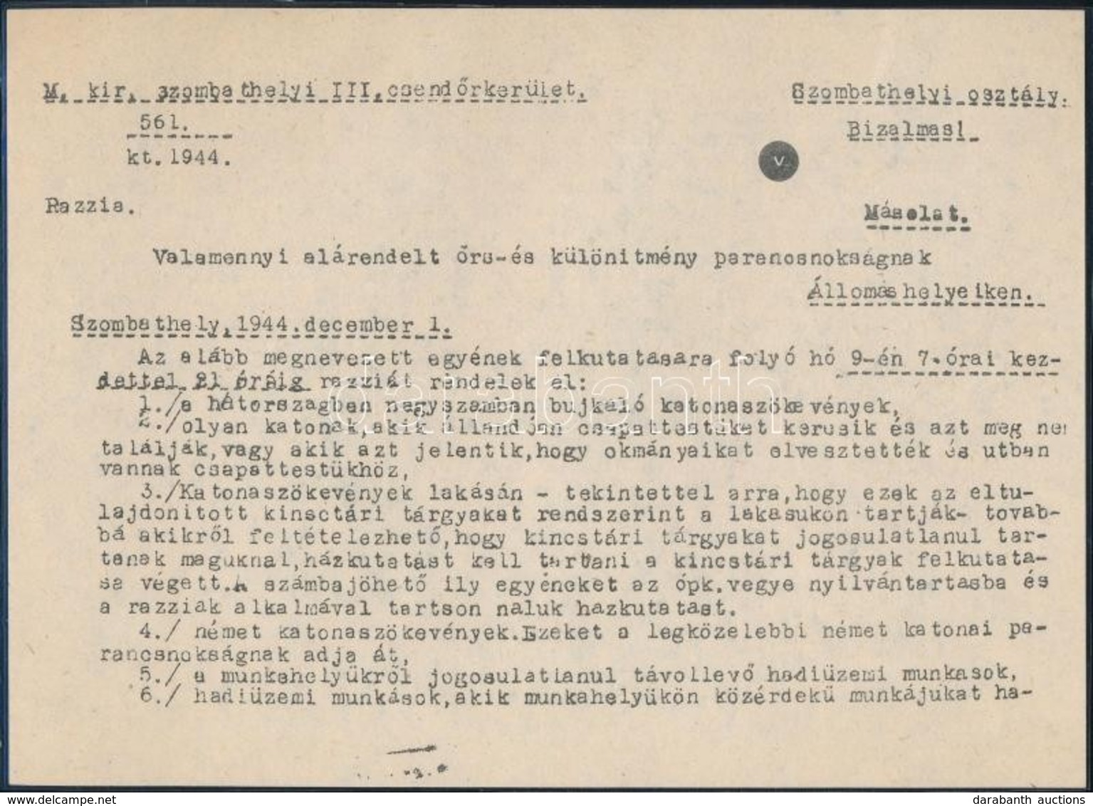 1944 M. Kir. Szombathelyi III. Csend?rkerület által Kiadott Utasítás Razziákra, Laminált - Andere & Zonder Classificatie