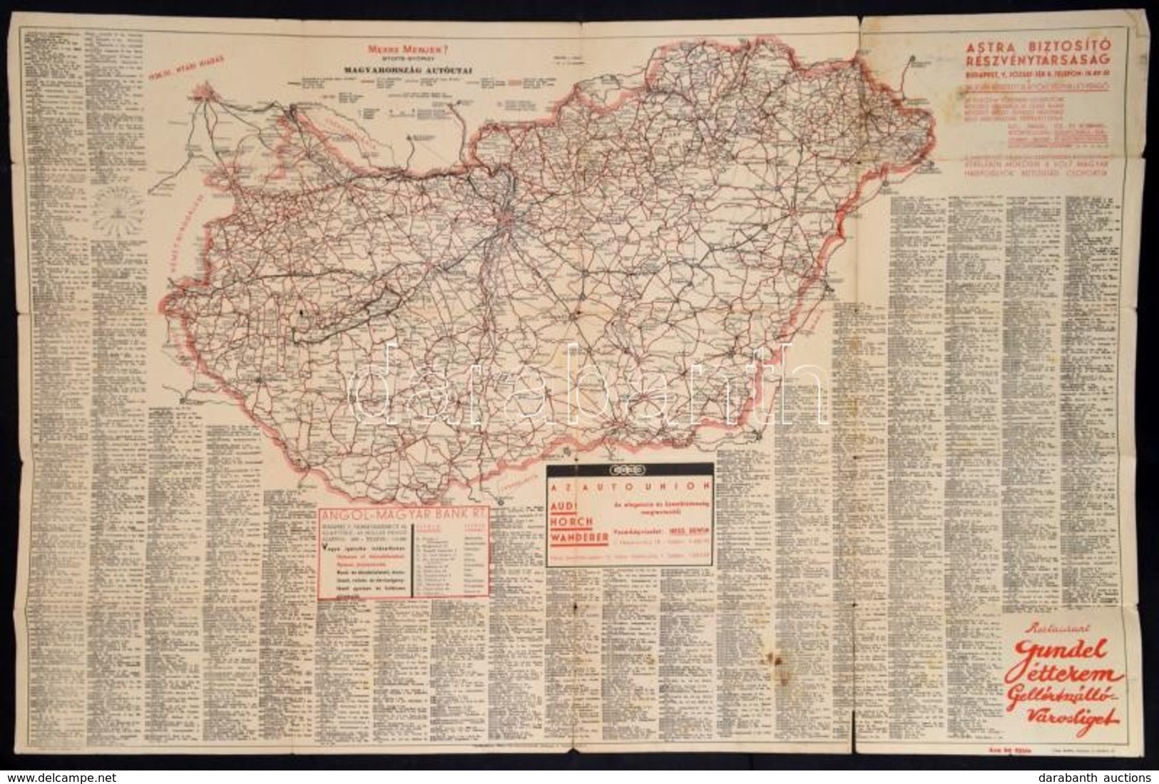 1938 Merre Menjek?, Magyarország Autóutai Térkép, Stoits György, Reklámokkal, Helységnévtárral, Bp. Gottlieb, Szakadt, 6 - Andere & Zonder Classificatie