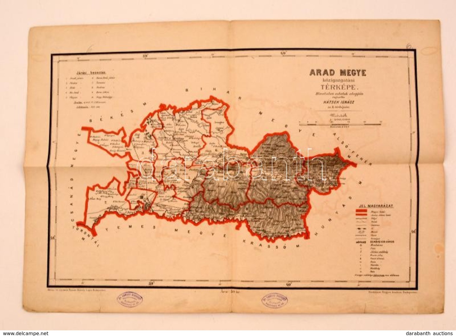 Arad Megye Közigazgatási Térképe. Rajz.: Hátsek Ignác. 1:500000, Posner - Rautmann, Javított, 37×53 Cm - Sonstige & Ohne Zuordnung