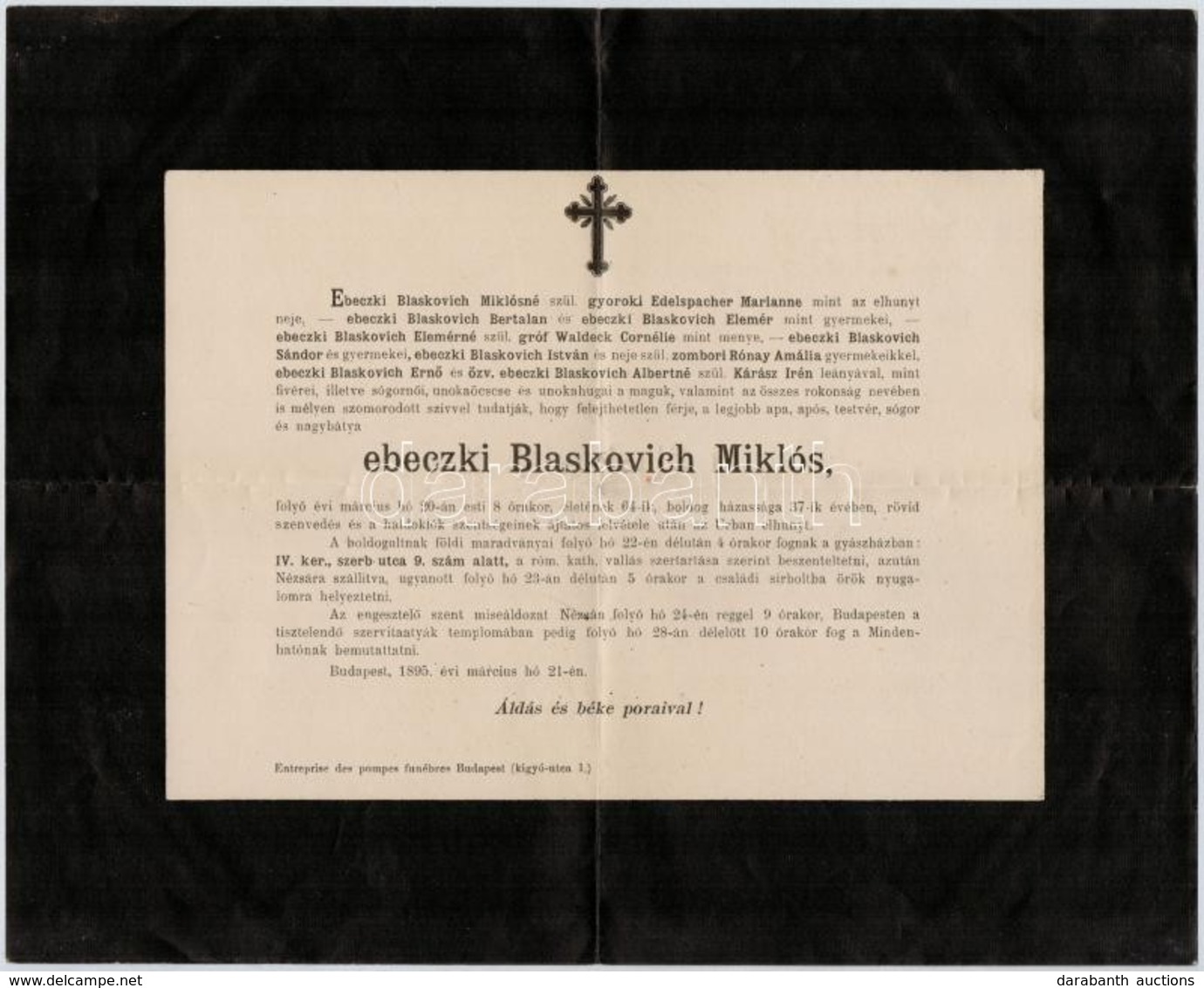 1895 Ebeczki Blaskovich Miklós Gyászjelentése - Ohne Zuordnung