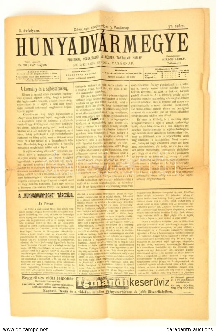 Hunyadvármegye, X. évf. 37. Szám, 1911. Szeptember 3., Szerk.: Dr. Tolnay Lajos, Déva, Hirsch Adolf, Kissé Szakadt állap - Zonder Classificatie