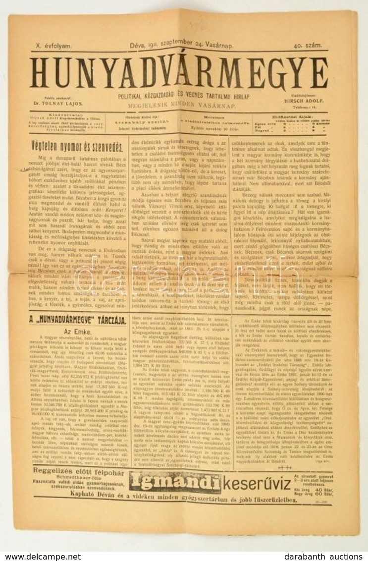 Hunyadvármegye, X. évf. 40. Szám, 1911. Szeptember 24., Szerk.: Dr. Tolnay Lajos, Déva, Hirsch Adolf, Kissé Szakadozott, - Ohne Zuordnung