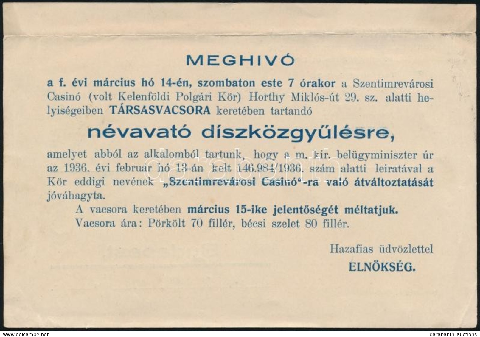 1936 Meghívó, Szentimrevárosi Casinó Névavató Díszközgy?lésére, 10,5x15,5 Cm - Ohne Zuordnung