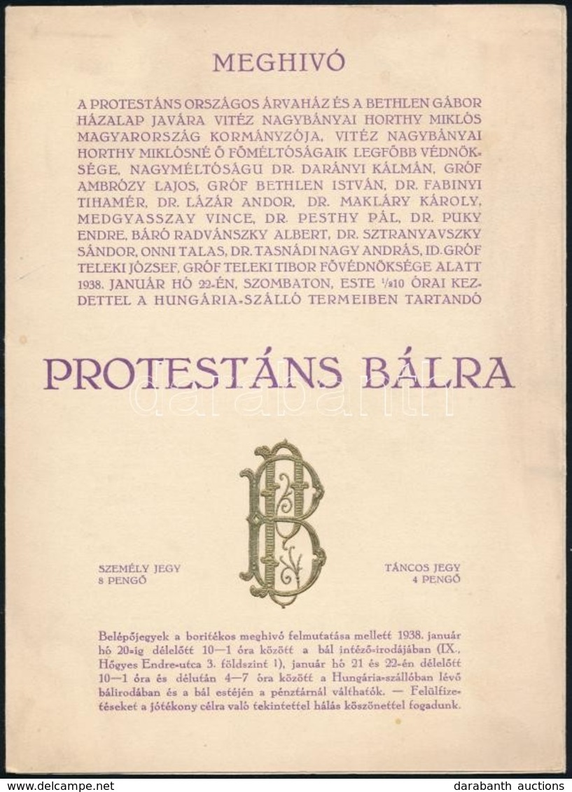 1938 Budapest, Meghívó Protestáns Bálra, Hungária Szálló, - Ohne Zuordnung