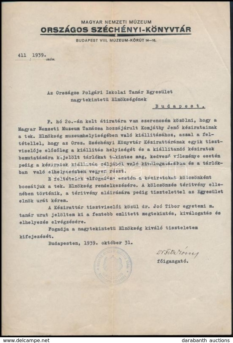 1939 Országos Széchenyi Könyvtár Komjáthy Ern? Kiállítással Kapcsolatos Levél - Ohne Zuordnung