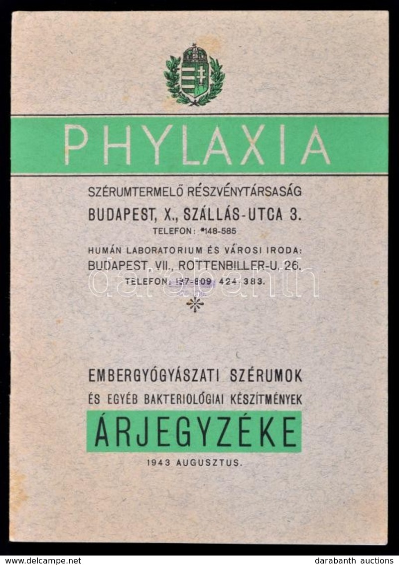 1943 A Phylaxia Szérumtermel? Rt. árjegyzéke. 16p. - Zonder Classificatie