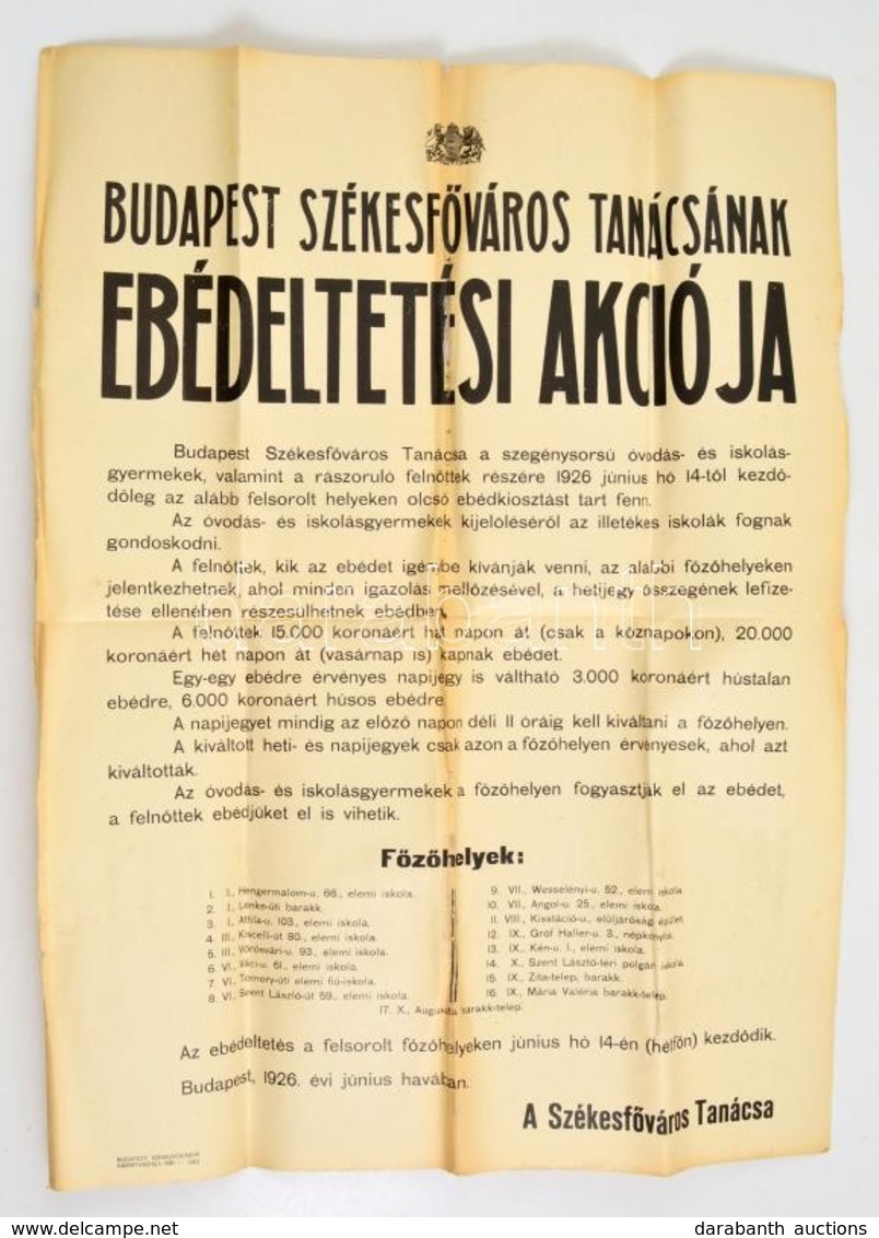 1926 Budapest Székesf?város Tanácsának Ebédeltetési Akciója Szegénysorsú Gyermekek és Rászoruló Feln?ttek Részére, Hirde - Sonstige & Ohne Zuordnung