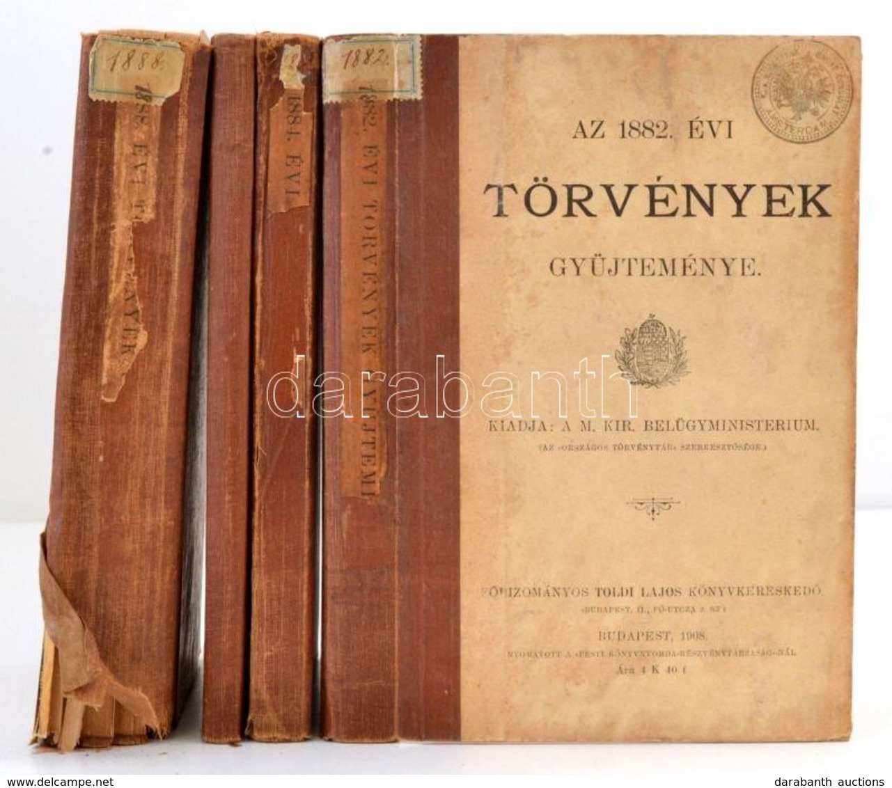 Az 1882, 1884, 1885, 1888. évi Törvények Gy?jteménye. Bp., 1908. Belügyminisztérium. Korabeli  Félvászon Kötésben. Egyik - Zonder Classificatie