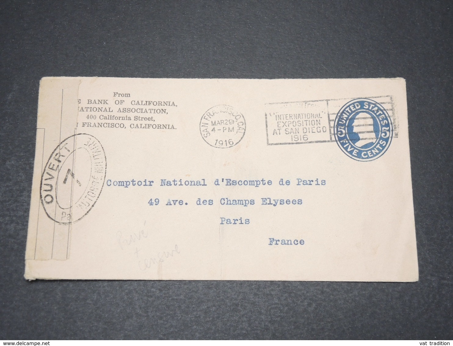 ETATS UNIS - Entier Postal Commerciale De San Francisco Pour La France En 1916 Avec Contrôle Postal - L 15594 - 1901-20