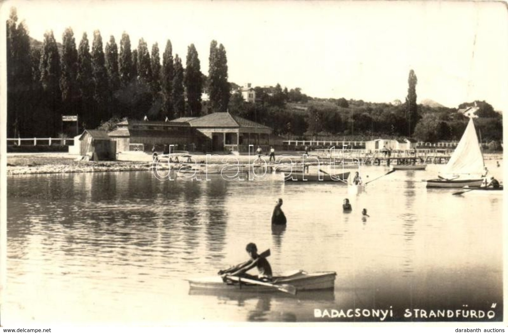 T3 1932 Badacsony, Strandfürd?, Fürd?z?k, Evez?sök, Vitorlás. Domoniczky S. Photo (fa) - Ohne Zuordnung