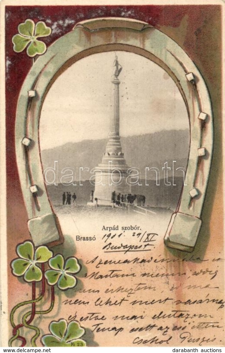 T2 Brassó, Kronstadt, Brasov; Árpád Szobor. Szecessziós Lóherés Litho Keret / Monument, Art Nouveau Clover Litho Frame - Zonder Classificatie