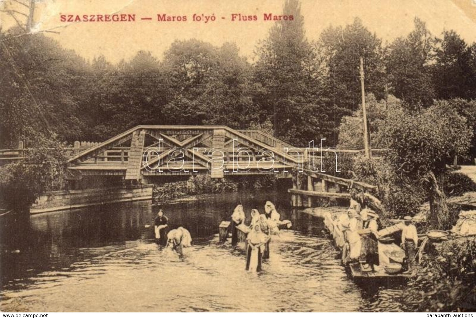 T3 Szászrégen, Reghin; Maros Folyó, Mosó Asszonyok. W. L. 1638. Hübner Ignácz Kiadása / Maros Fluss / Mures River, Washi - Ohne Zuordnung