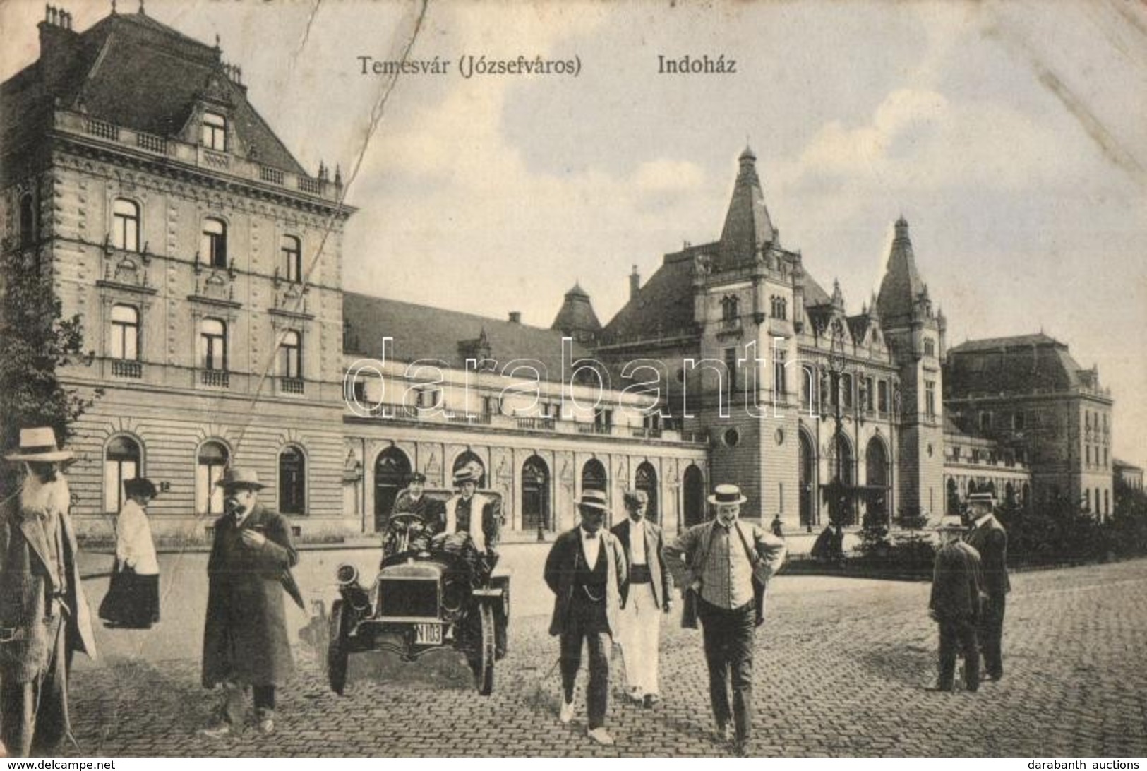 T4 Temesvár, Timisoara; Józsefváros, Indóház, Vasútállomás, Autós Montázs Képeslap / Railway Station, Automobile Montage - Ohne Zuordnung