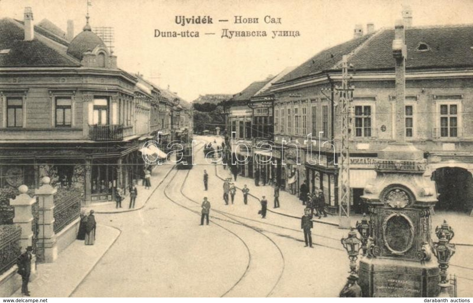 T2 Újvidék, Novi Sad; Duna Utca, Villamos, üzletek / Street View With Tram And Shops - Ohne Zuordnung