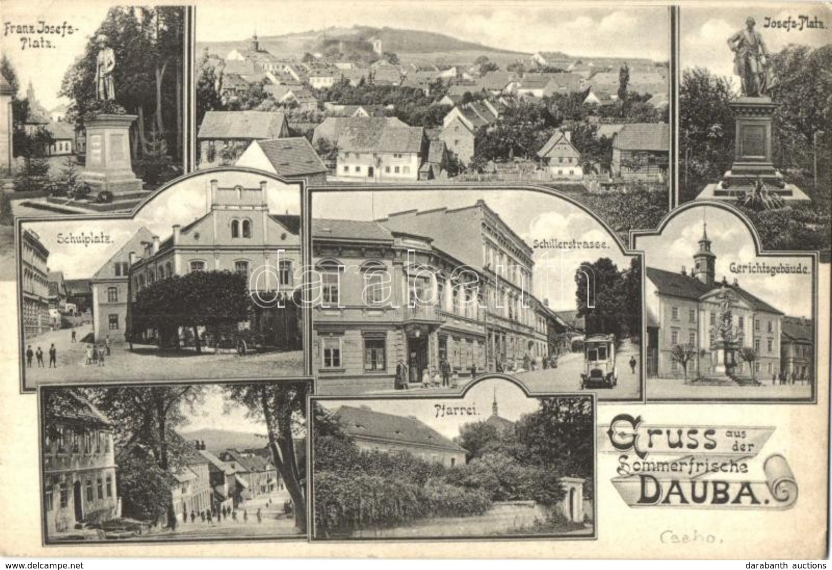 ** T2 Dubá, Dauba; Josefs-Platz, Gerichtsgebaude, Pfarrei, Schillerstrasse, Schulplatz / Square, Monument, Street View,  - Ohne Zuordnung