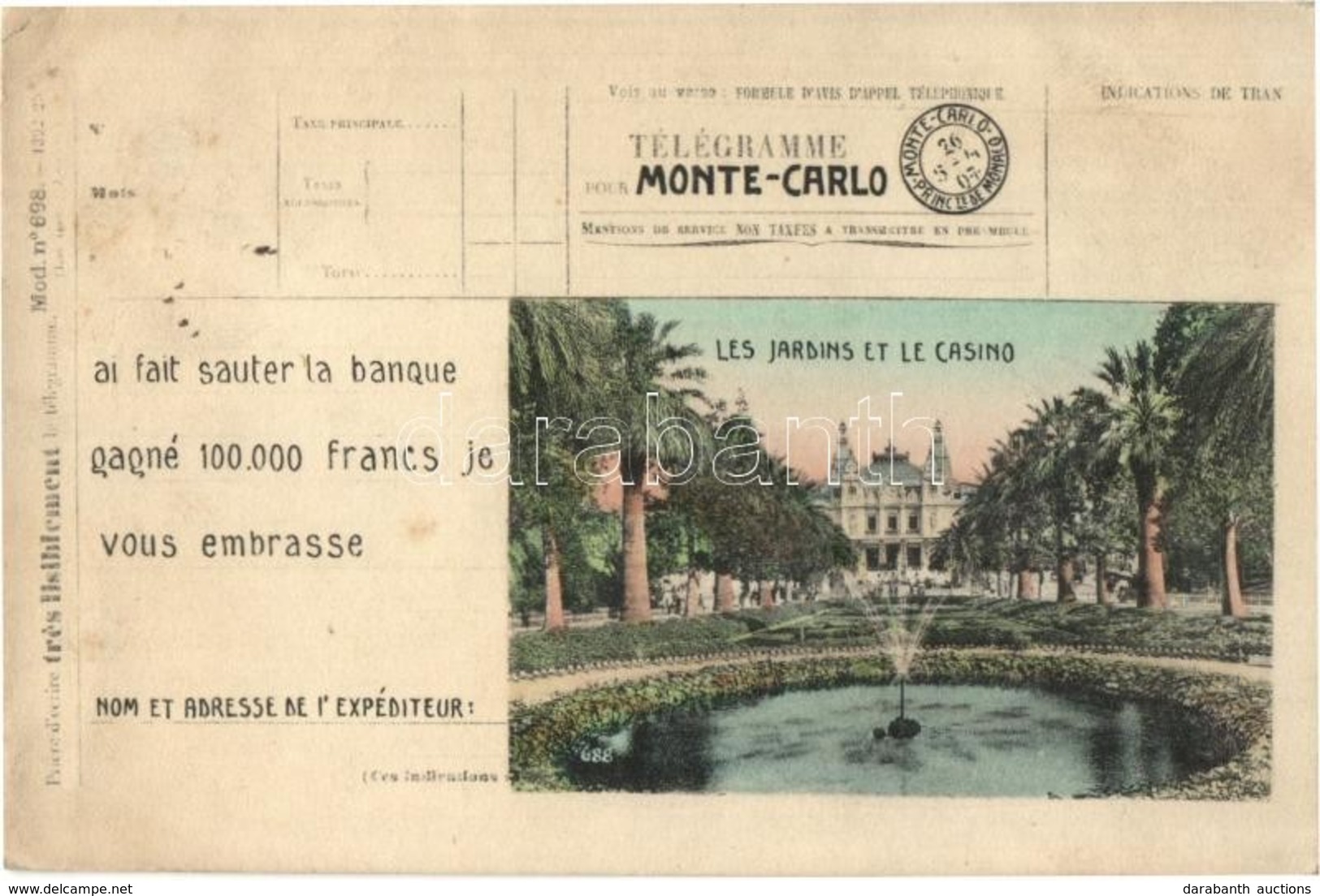 T2/T3 Monte Carlo, Les Jardins Et Le Casino. Télégramme / Garden Of The Casino, Telegraph (EK) - Zonder Classificatie