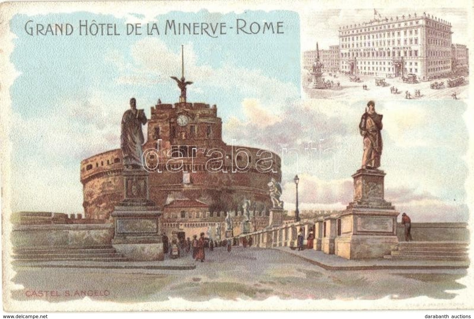 ** T2 Rome, Roma; Grand Hotel De La Minerve. Castel S. Angelo / Hotel Advertisement, Litho - Zonder Classificatie