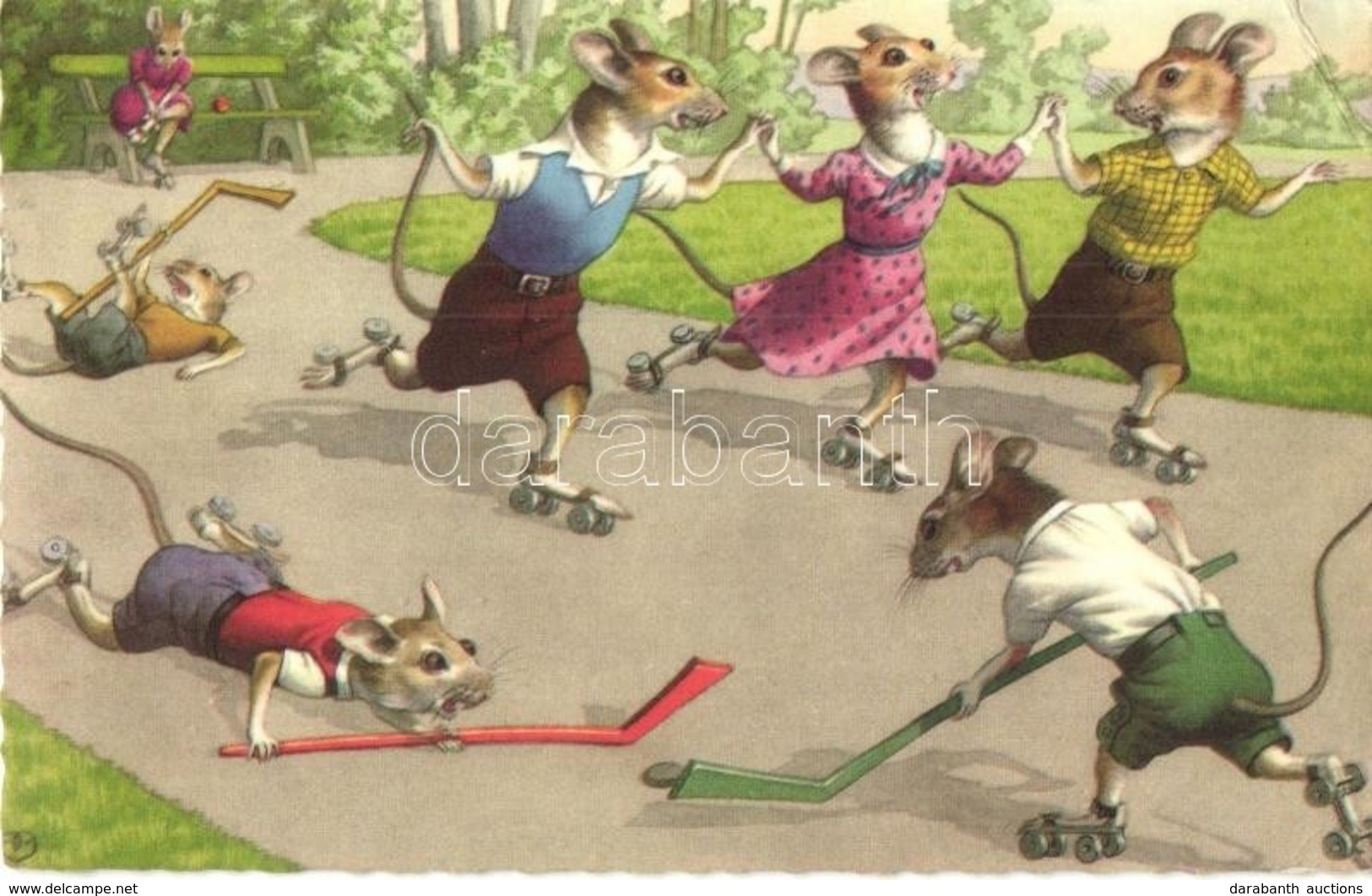 * T2/T3 Roller Skating Mice. Alfred Mainzer 4882. - Modern Postcard (small Tear) - Ohne Zuordnung