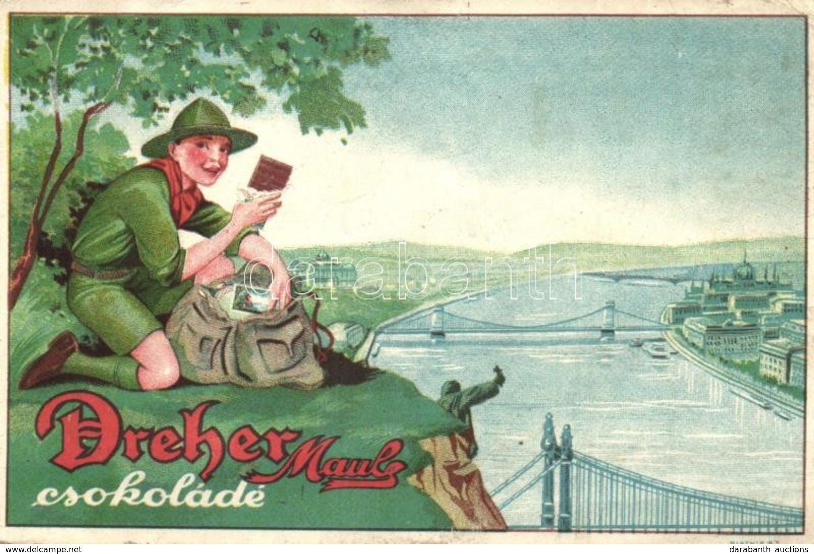 ** T3 Dreher Maul Csokoládé Reklámlapja, Cserkész A Gellért-hegyen / Hungarian Chocolate Advertisement Card With Boy Sco - Ohne Zuordnung