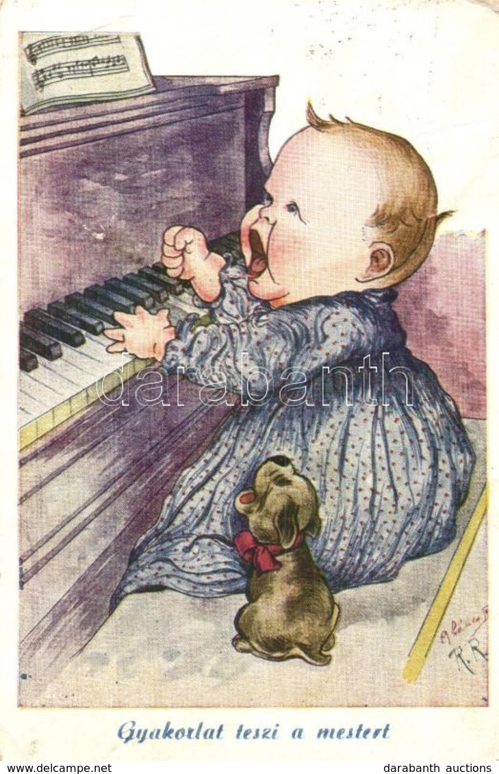 T3 Gyakorlat Teszi A Mestert! / Practice Makes Perfect. Child And Dog By The Piano, Humor. Artist Signed (EB) - Zonder Classificatie