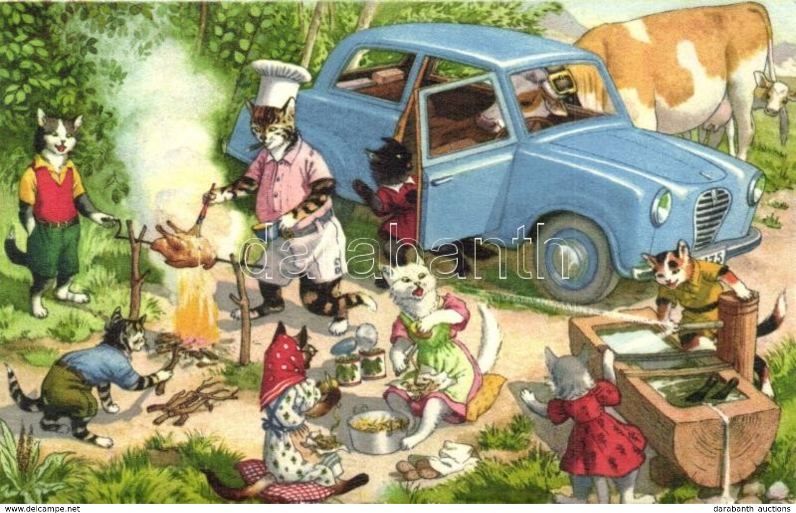 ** T2 Cat Family Picnic And Barbecue Grill With Automobile. Max Künzli No. 4748. - Modern Postcard - Zonder Classificatie