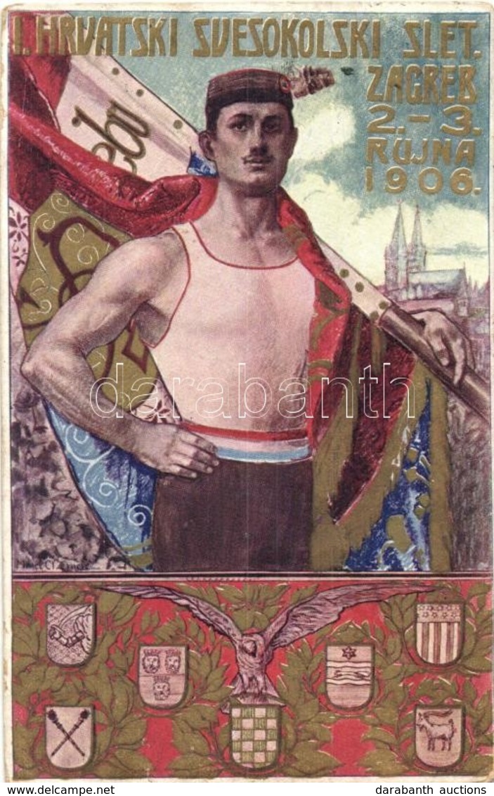 T2/T3 I. Hrvatski Svesokolski Slet. Zagreb 2-3. Rujna 1906. / First Croatian Sokol Festival, Sports Gathering Art Postca - Ohne Zuordnung