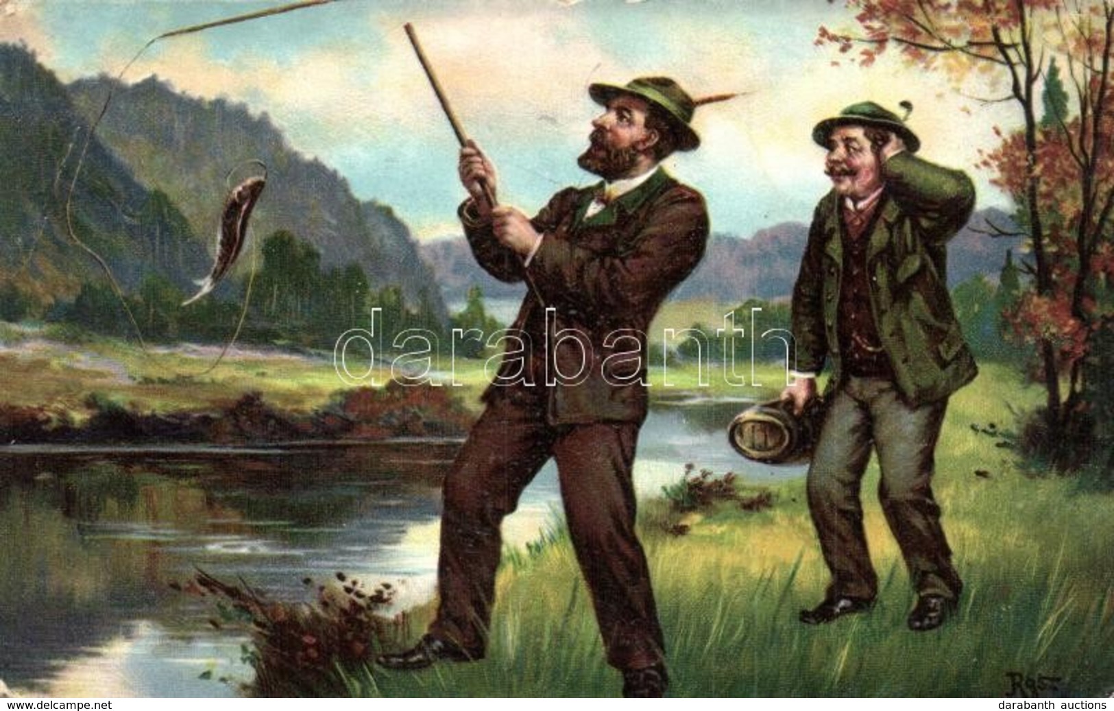 * T2/T3 Fishing Hunters, Humour. Series 1139/5. + 'Újságárusok és Lapkihordók Szabadszervezete' Stamp On The Backside (E - Zonder Classificatie