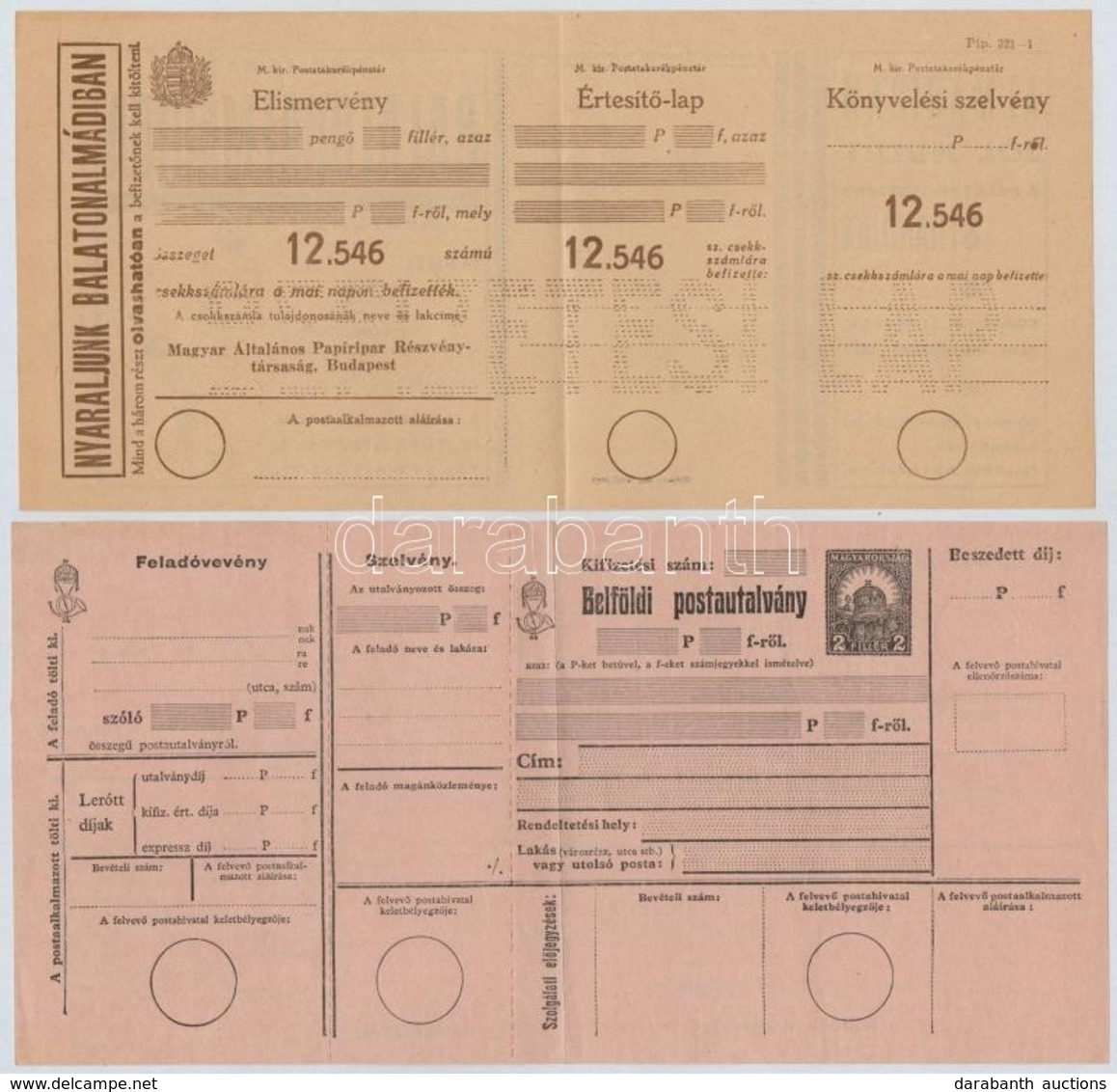 ~1930. 'Belföldi Postautalvány' Kitöltetlen + 'Magyar Általános Papíripar Részvénytársaság' Számára Készült El?nyomott,  - Ohne Zuordnung