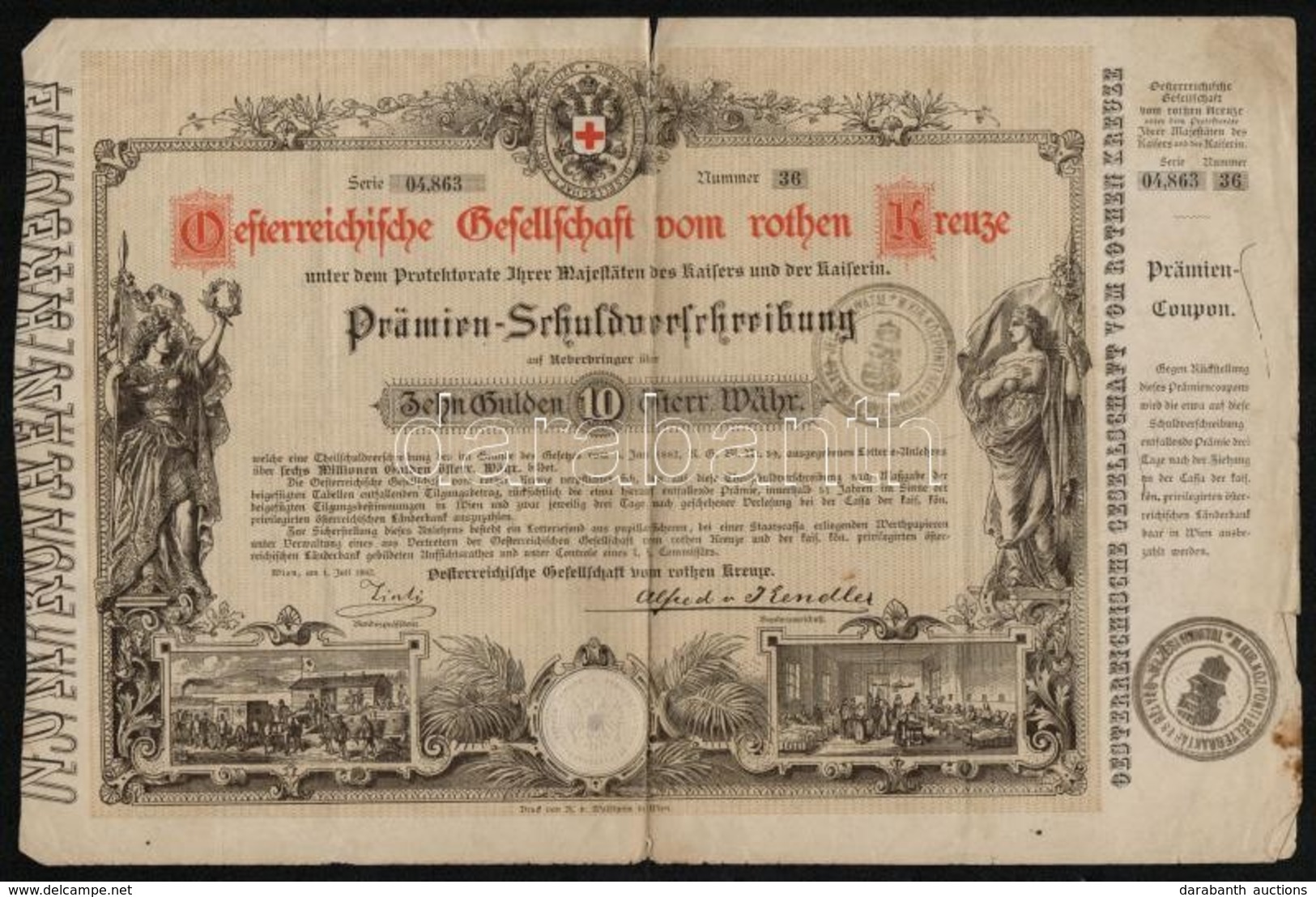 5db Klf Részvény és Sorsjegy, Közte Ausztria / Bécs 1882. 'Osztrák Vöröskereszt' Kötvénye 10G értékben, Szárazpecséttel  - Ohne Zuordnung