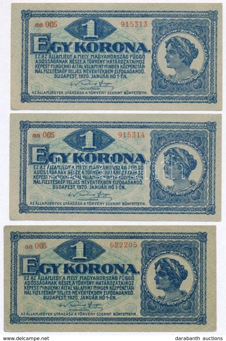 1920. 1K (3x) Benne Sorszámkövet? Pár T:I-,III - Ohne Zuordnung