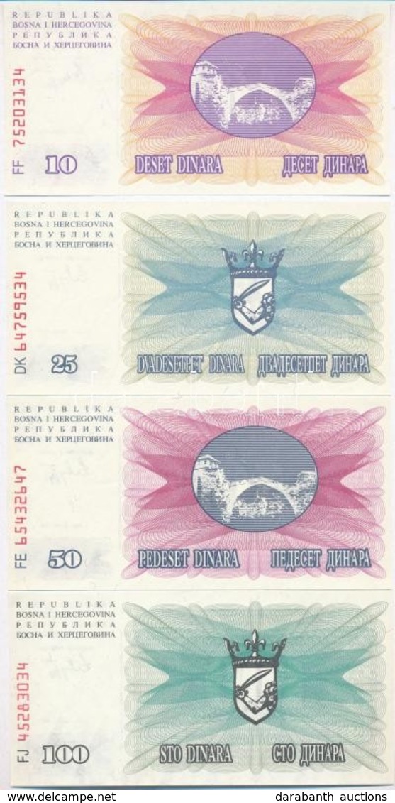 Bosznia-Hercegovina 1992. 10D + 25D + 50D + 100D + T:I Bosnia-Hercegovina 1992. 10 Dinara + 25 Dinara + 50 Dinara + 100  - Ohne Zuordnung