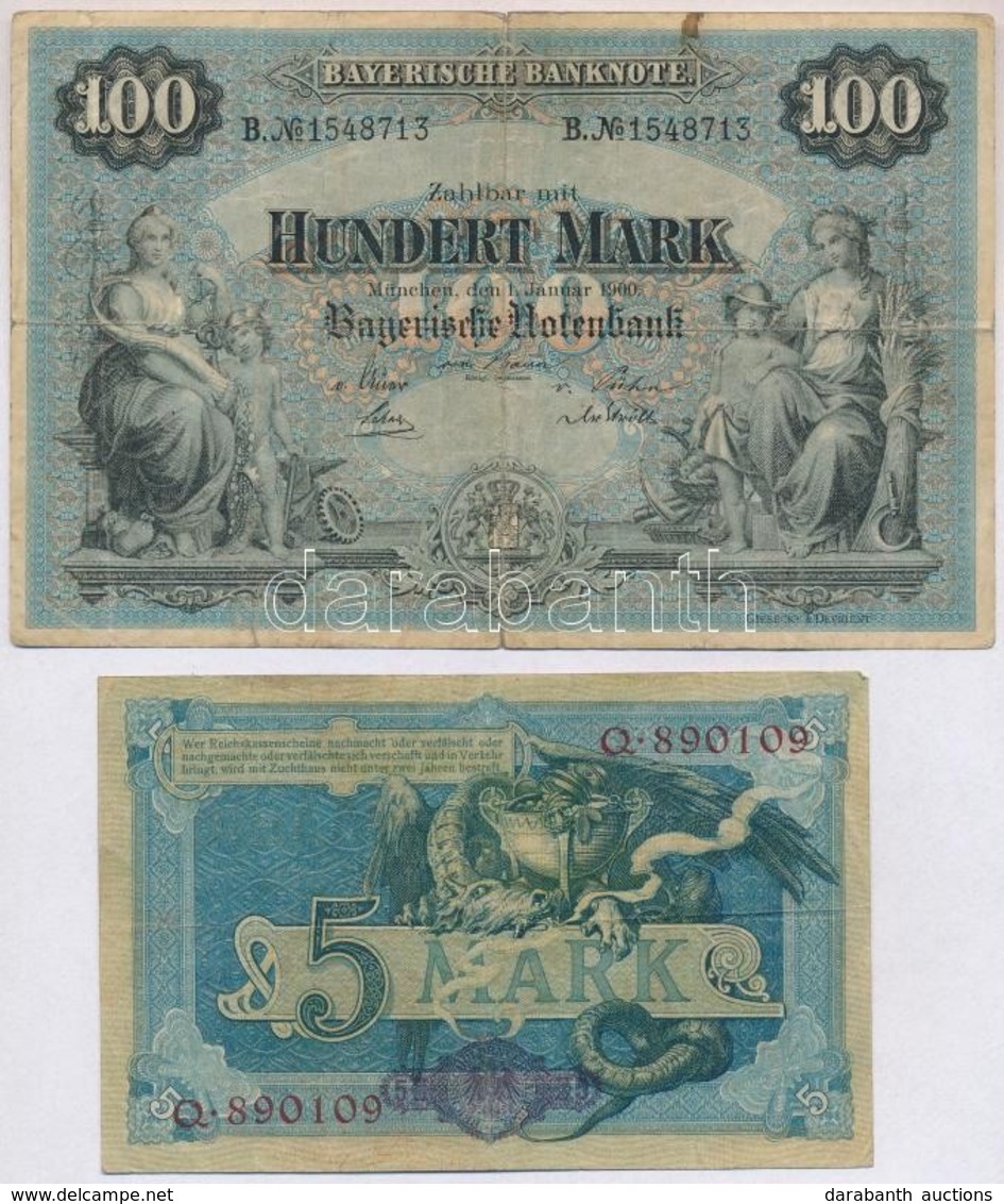 Német Birodalom 1904. 5M + Bajorország 1900. 100M T:III,III-
German Empire 1904. 5 Mark + Bavaria 1900. 100 Mark C:F,VG - Ohne Zuordnung