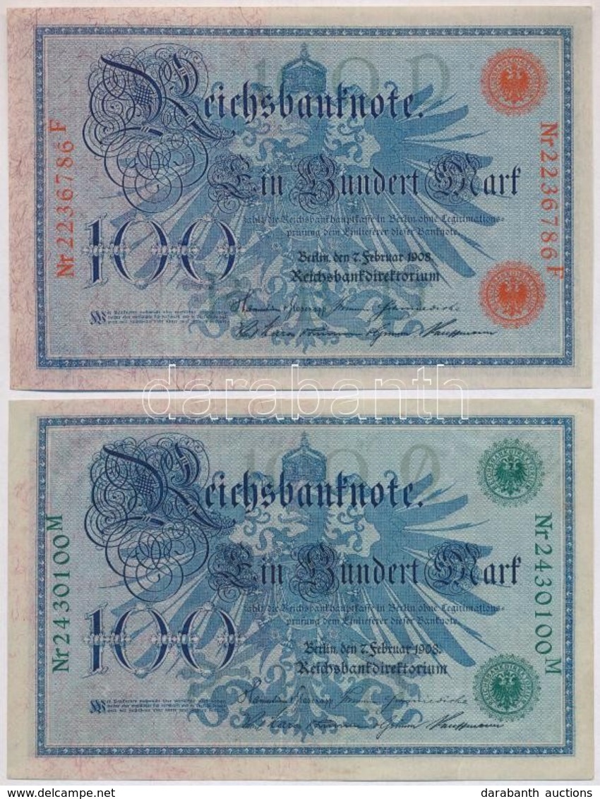 Német Birodalom 1908. 100M (2xklf) Piros és Zöld Pecséttel T:II,III
German Empire 1908. 100 Mark (2xdiff) Red And Green  - Zonder Classificatie