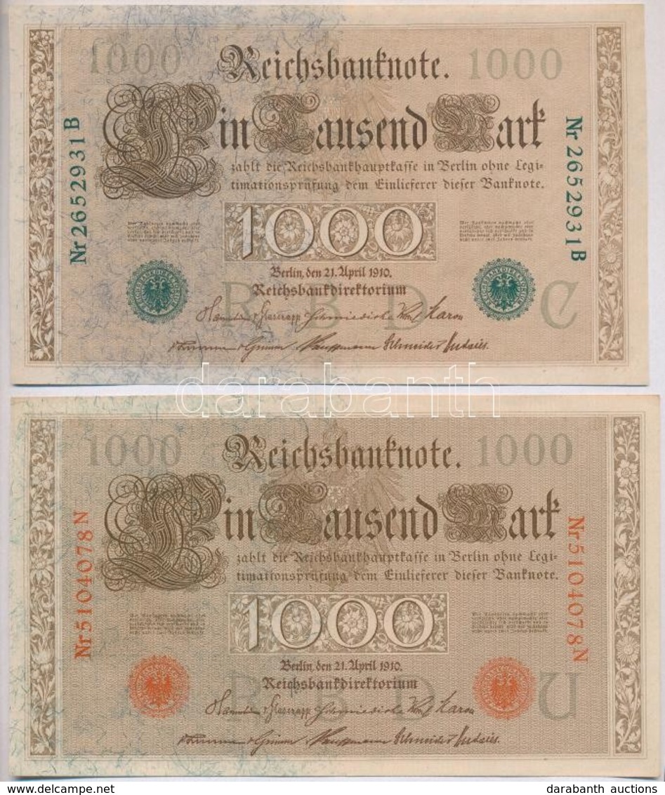 Német Birodalom 1910. 1000M (2xklf) Piros és Zöld Pecsét T:II
German Empire 1910. 1000 Mark (2xdiff) Red And Green Seal  - Ohne Zuordnung