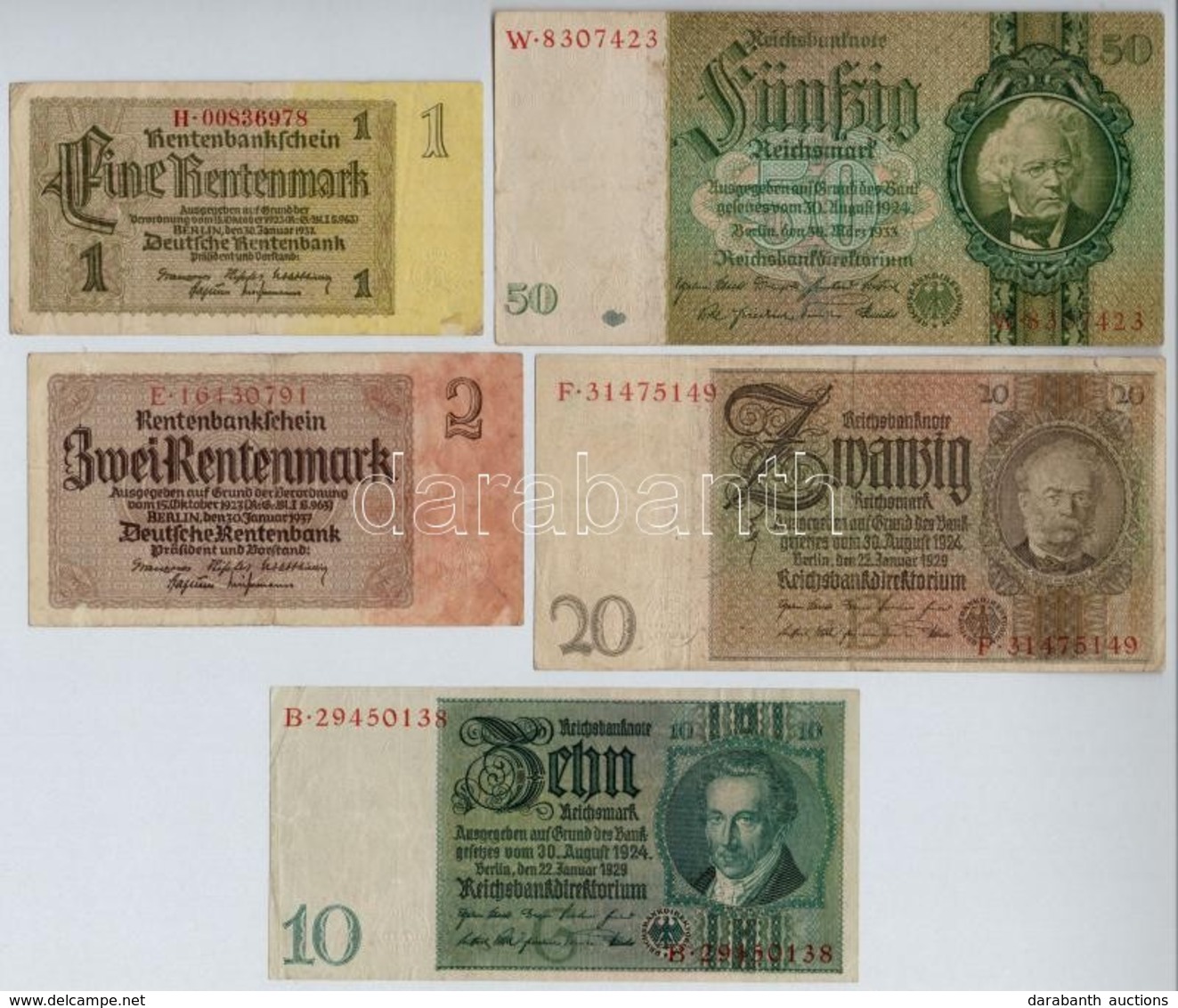 Németország / Weimari Köztársaság 1929. 10M + 20M + Német Harmadik Birodalom 1933. 50M + 1937. 1M + 2M T:III
Germany / W - Zonder Classificatie