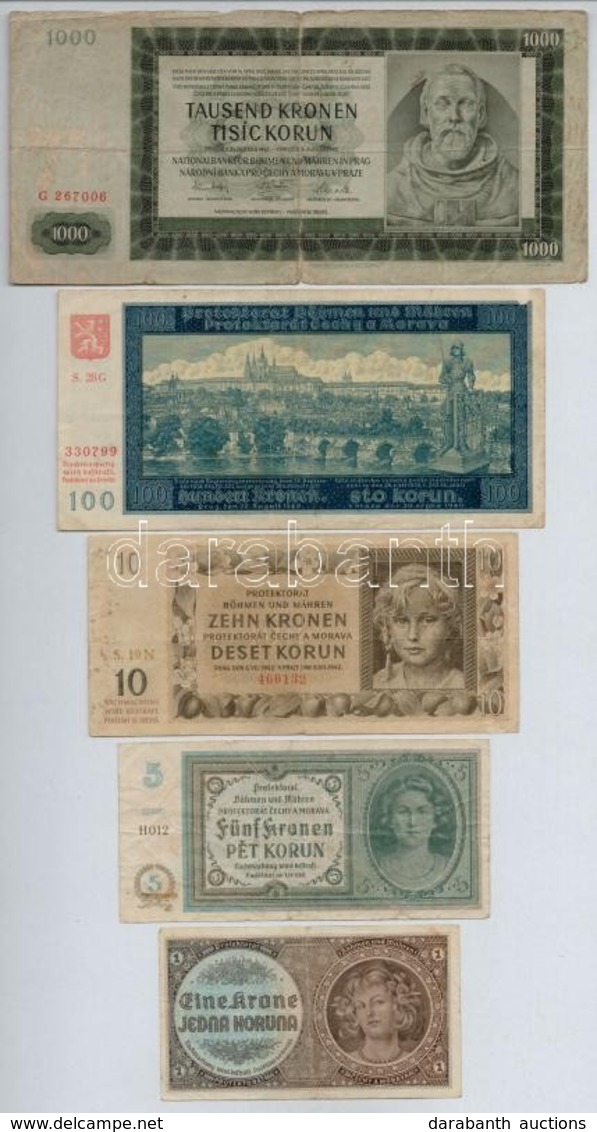 Német Harmadik Birodalom / Cseh-Morva Protektorátus 1940. 1K + 5K + 100K + 1942. 10K + 1000K T:III,III-
German Third Rei - Ohne Zuordnung