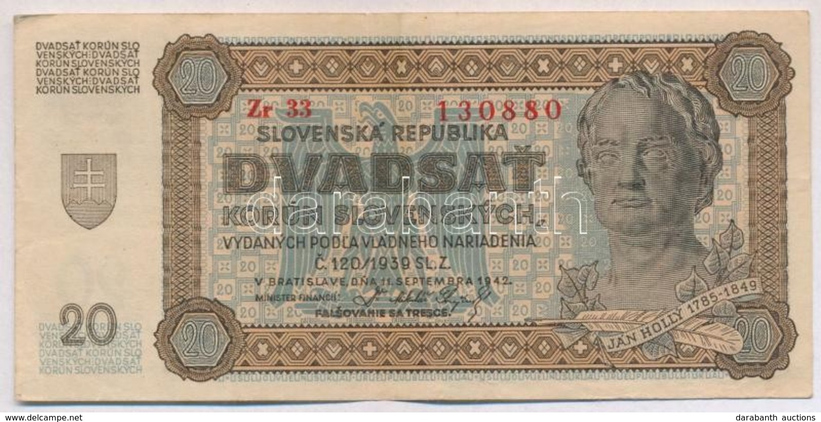 Szlovákia 1942. 20K T:III
Slovakia 1942. 20 Korun C:F - Zonder Classificatie