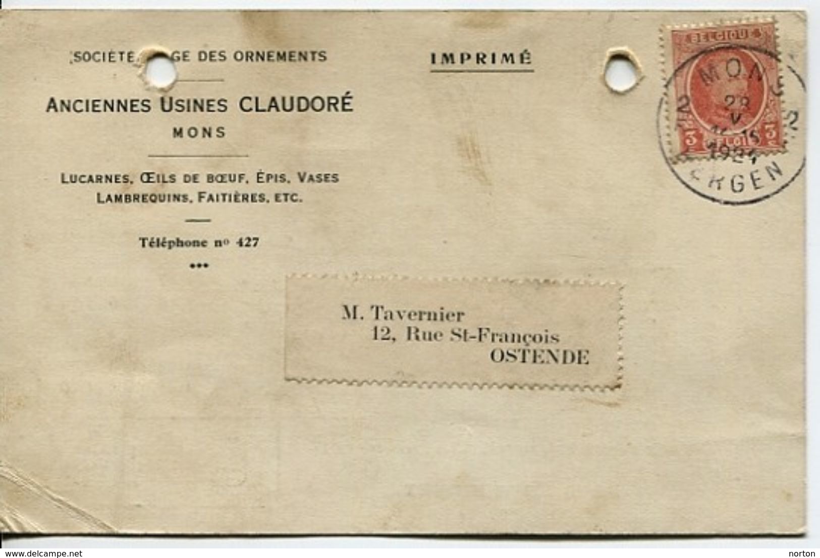 COB 192 Sur Carte Pub Des Anciennes Usines Claudoré à Mons 1924 - 1922-1927 Houyoux