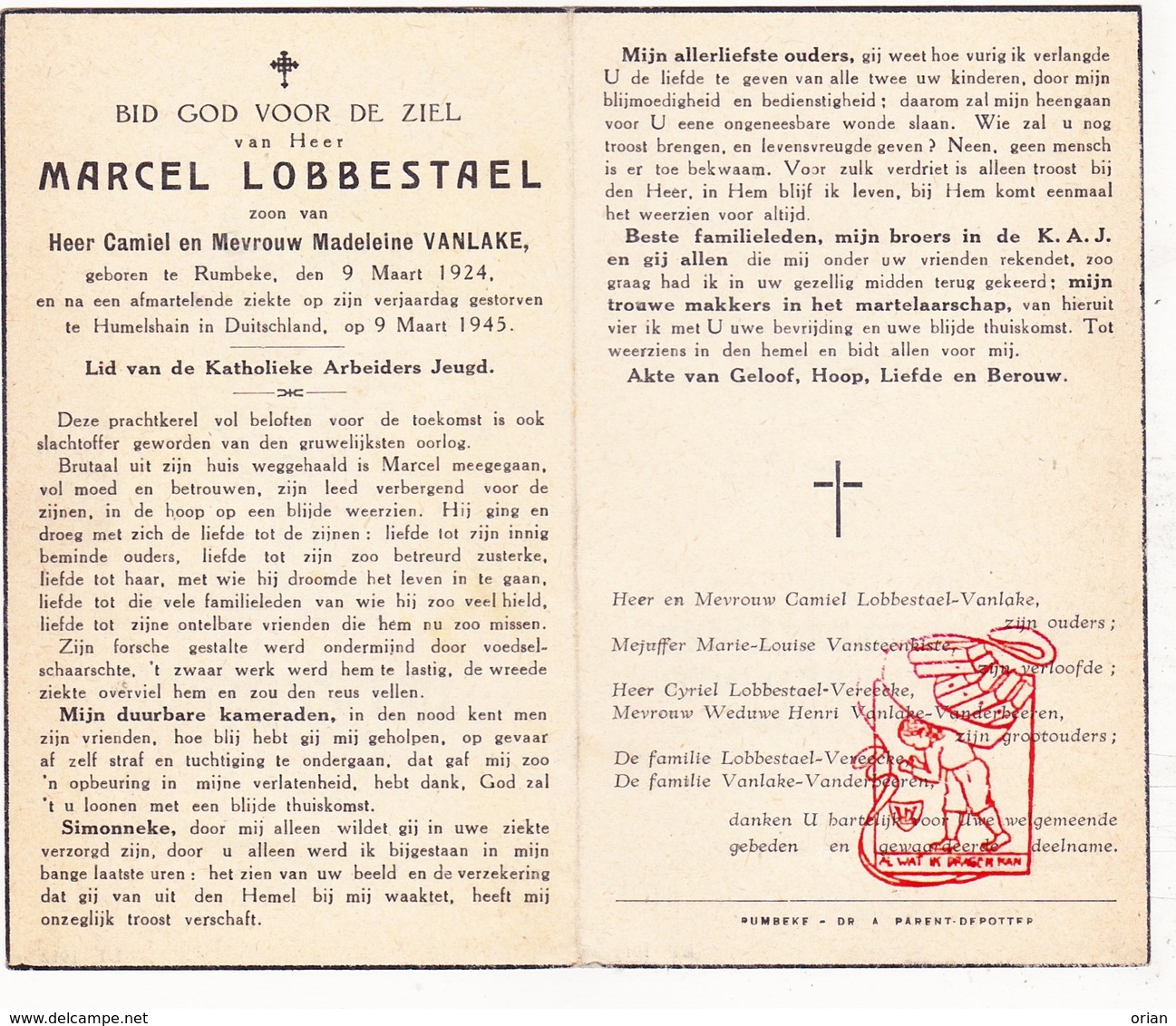 DP † Verjaardag Dwangarbeider WO II 40-45 Marcel Lobbestael / VanLake ° Rumbeke Roeselare BE 1924 † Hummelshain DE 1945 - Images Religieuses