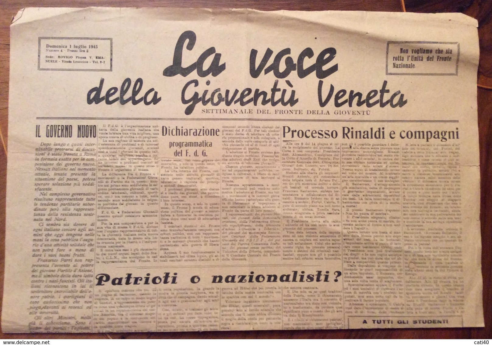 ROVIGO  LUOGOTENENZA FRONTE DELLA GIOVENTU' GIORNALE "LA VOCE DELLA GIOVENTU' VENETA" DOMENICA 1/7/1945 - Guerra 1939-45