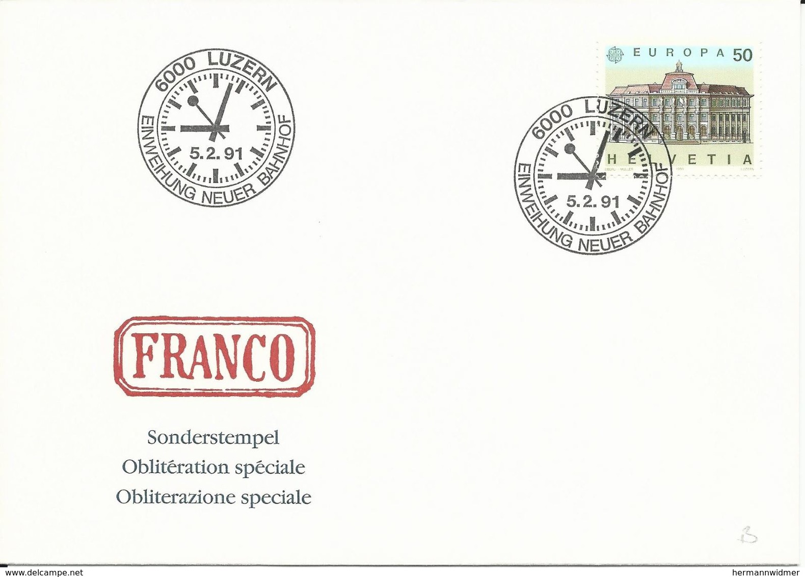 797, EUROPA, Bâtiments Postaux, Oblitération Spèciale Luzern 5.2.91, Nouvelle Gare, Env. Franco, Montre, Non Voyagé - Storia Postale