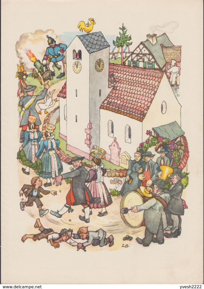 Allemagne Fédérale 1951. Télégramme De Mariage. Tir De Canon, église Avec Girouette (coq), Oie, Trombone Et Tambour - Oies