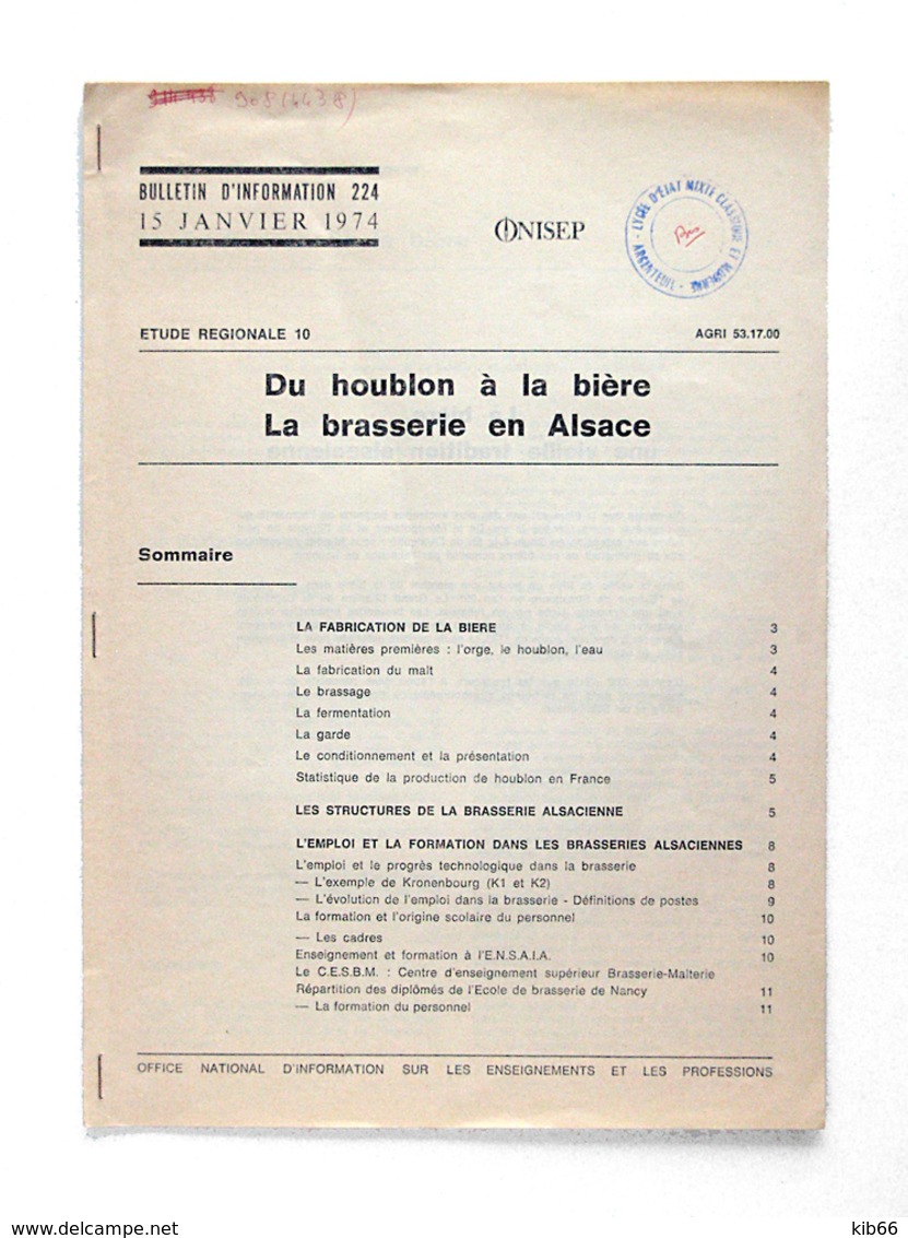 Rare Bulletin D'information „Du Houblon à La Bière” 1974, Brasserie En Alsace - Autres & Non Classés