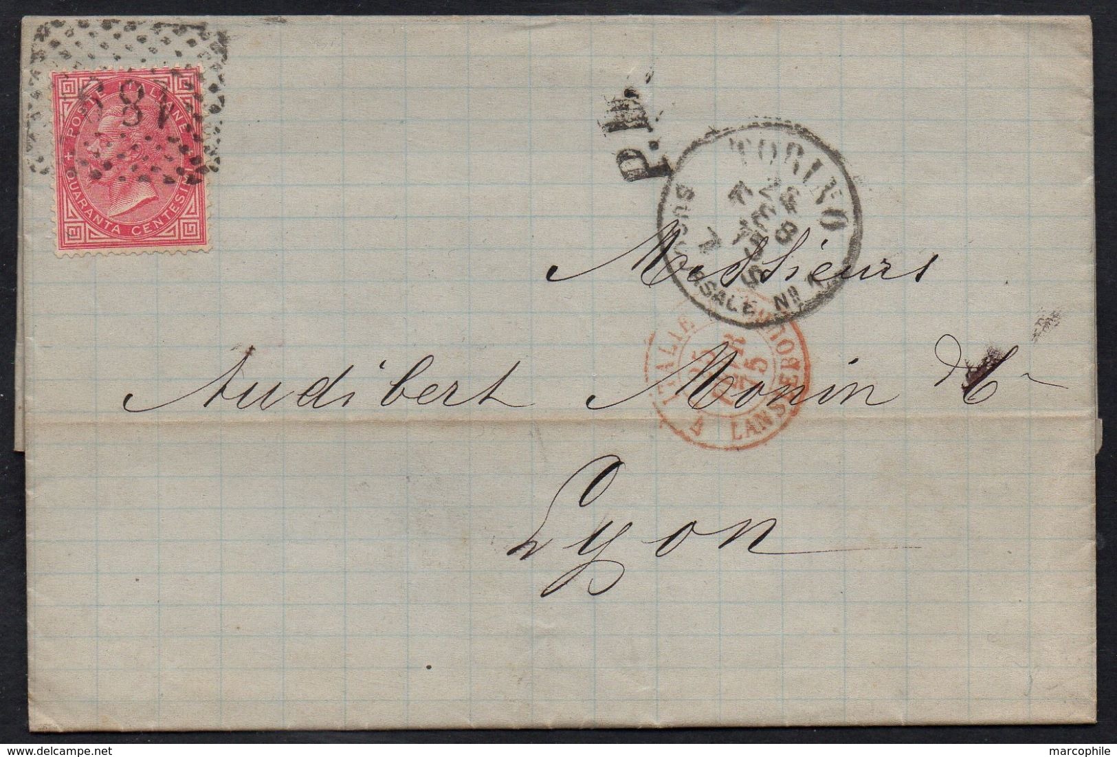 TORINO - TURIN - ITALIE - ITALIA / 1875 LAC POUR LYON & CACHET D'ENTREE EN FRANCE (ref 7481) - Marcophilie