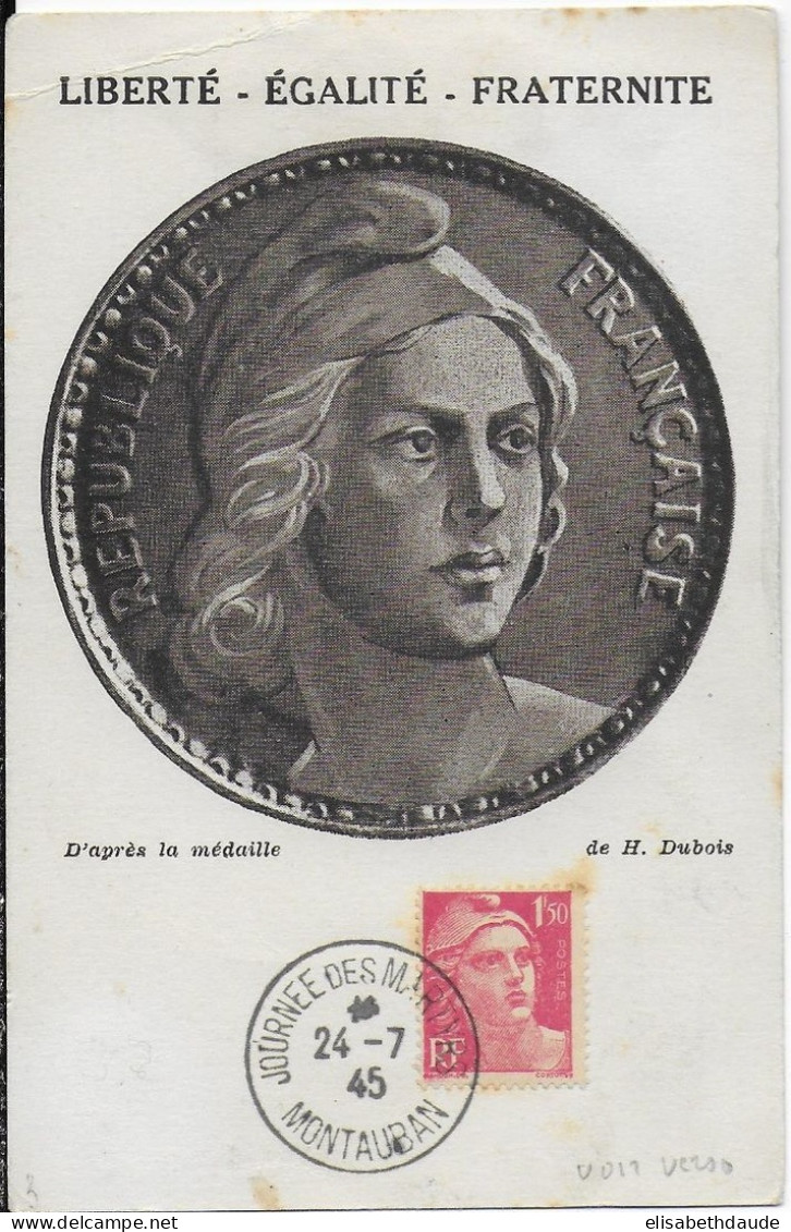 1945 - GANDON - CARTE MAXIMUM Avec OBLITERATION "JOURNEE Des MARTYRS" De MONTAUBAN (TARN ET GARONNE) - 1945-54 Marianne (Gandon)