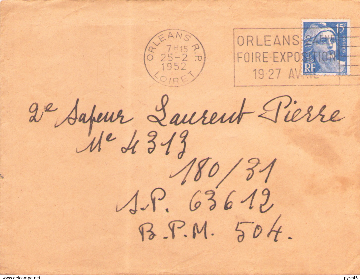 FRANCE ENVELOPPE DU 25 FEVRIER 1952 DE ORLEANS POUR SP 63612 BPM 504 POSTE AUX ARMEES - Covers & Documents