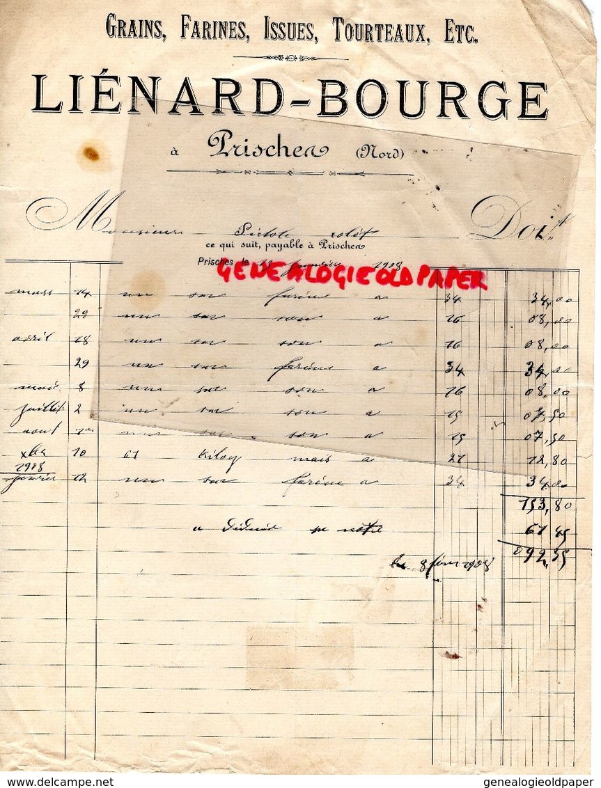 59- PRISCHES- RARE FACTURE LIENARD & BOURGE- GRAINS FARINES ISSUES TOURTEAUX-HORTICULTURE -AGRICULTURE-1918 - Landwirtschaft