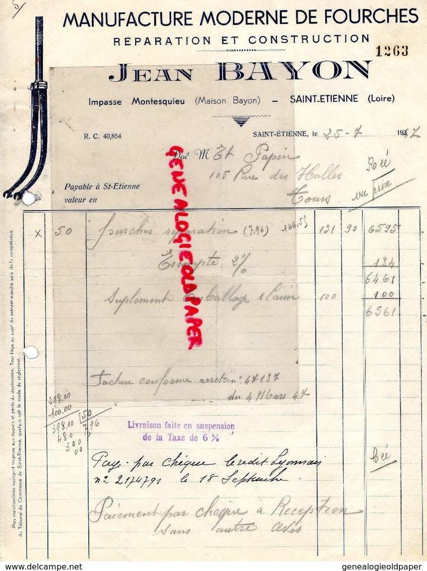 42-ST SAINT ETIENNE- RARE FACTURE JEAN BAYON-MANUFACTURE MODERNE DE FOURCHES-IMPASSE MONTESQUIEU-1947 - Petits Métiers
