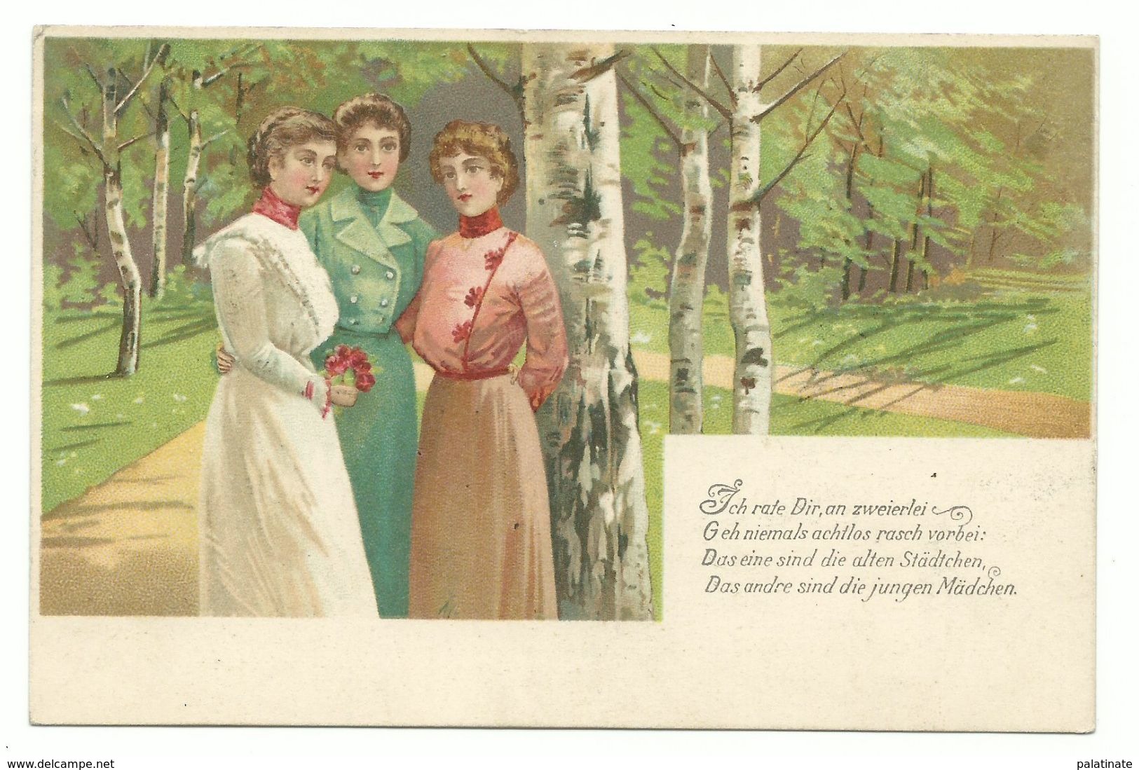 Drei Damen Im Birkenwald Unsignierte Mailick Präge-Litho Um 1900 - Mailick, Alfred