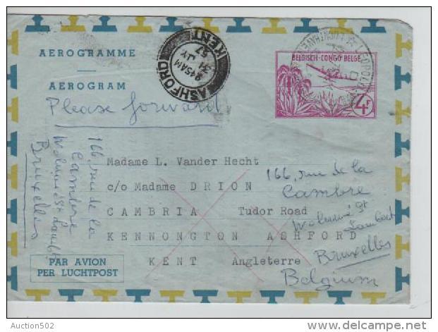 Belgisch Congo Belge Aérogramme C.Léopoldville Aéroport En 1957 V.Great Britain Forwarded To Belgium PR1394 - Entiers Postaux